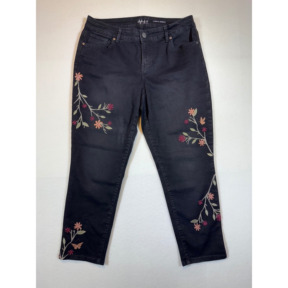 Style & Co Curvy Ankle Jeans Black Floral Embroidered Women's